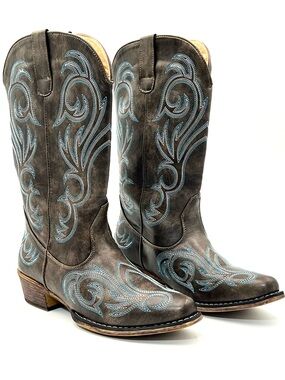 Roper Riley Western Cowboy Boots Turquoise Embroidered Snip Toe Womens 9.5 Boho
